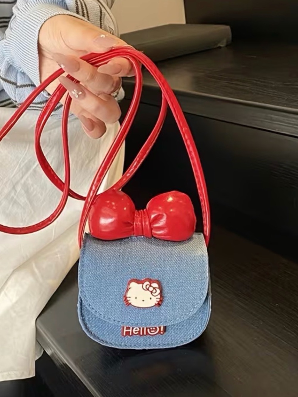 Sanrio Hello Kitty Denim Mini Crossbody Bag with Red Bow